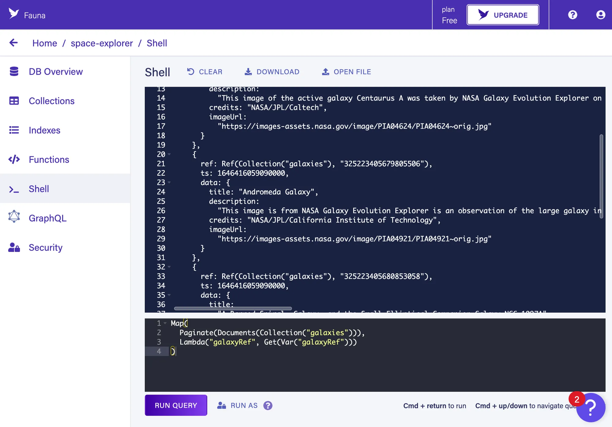Fauna shell, with a paginated query for all galaxies and resulting JSON output.