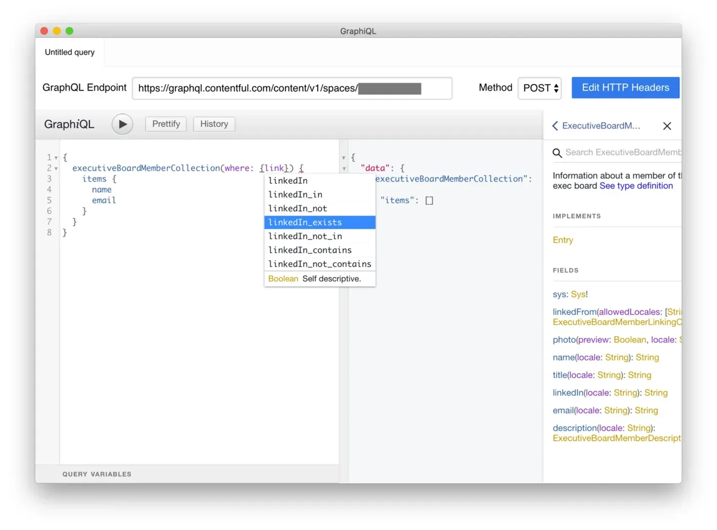 Applying a filter using "where." Shows how GraphiQL autocomplete will reveal potential parameter values.