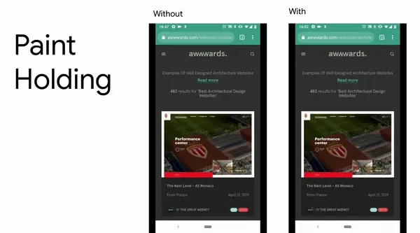 Comparison of the flash of white from loading a JS-intensive page before and after the Google Chrome update