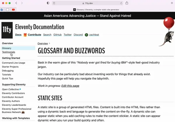 Clicking through pages of 11ty's documentation site